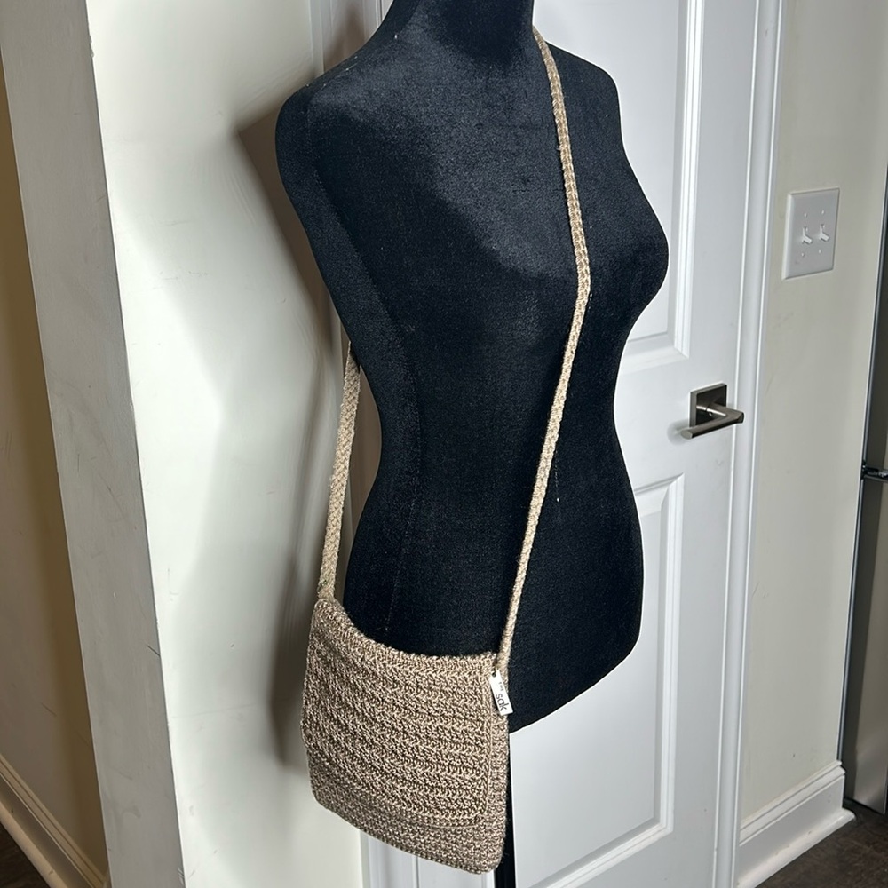 The Sak taupe crochet crossbody bag with Top Flap